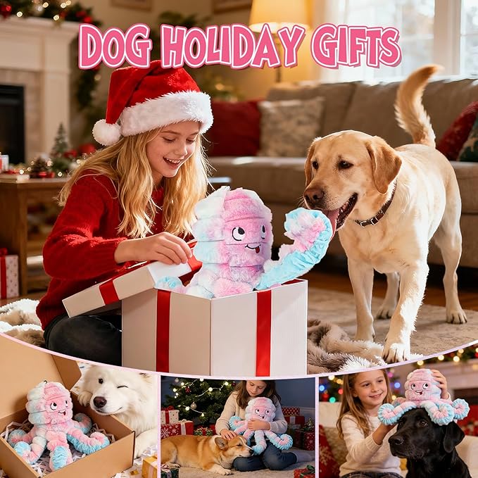 Tough Octopus Dog Toy, Interactive Squeaky & Crinkle Tug of War Toy for Aggressive Chewers, Large Durable Plush Chew Toys to Keep Dogs Busy- Crinkle Octopus, Large (Pink)
