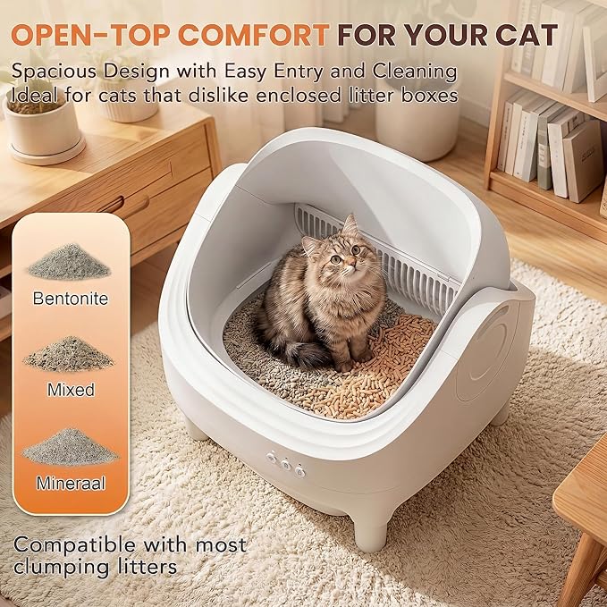 Self Cleaning Cat Litter Box, Greesum Automatic Open-Top Smart Litter Box with App Control, 15L Odor-Sealed Waste Bin, Quiet 35dB, Safety Sensors for Large Cats & Multi-Cat Homes