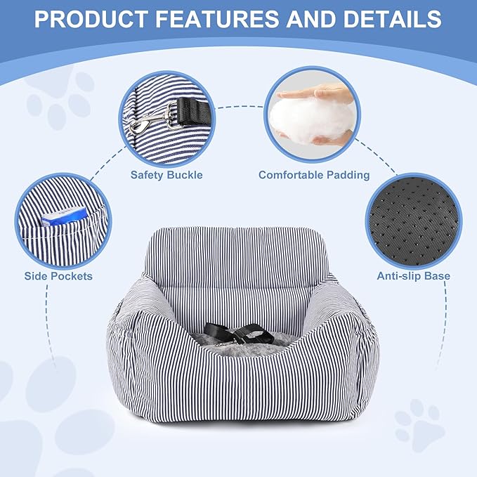 Dog Car Seat for Small Dogs, Pet Booster Seat with Clip-On Safety Leash and Storage Pockets, Washable Travel Dog Car Bed for Puppy (Blue White)