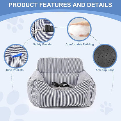 Dog Car Seat for Small Dogs, Pet Booster Seat with Clip-On Safety Leash and Storage Pockets, Washable Travel Dog Car Bed for Puppy (Blue White)