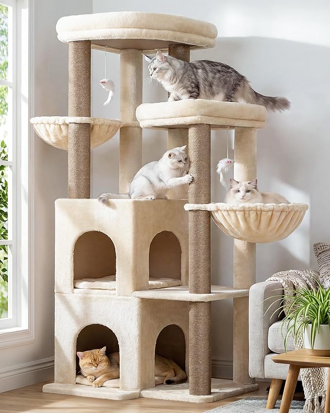 Globlazer Cat Tree Tower for Indoor Cats, Sturdy Adult Cat Tree House for Large Adult Cats with 2 Platform, 6 Cat Scratching Post, 2 Cat Caves, Dangling Toys, S63, 63 inch, Beige