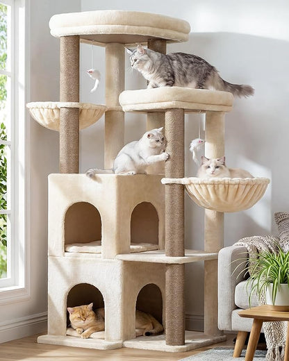 Globlazer Cat Tree Tower for Indoor Cats, Sturdy Adult Cat Tree House for Large Adult Cats with 2 Platform, 6 Cat Scratching Post, 2 Cat Caves, Dangling Toys, S63, 63 inch, Beige