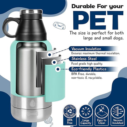 Portable Dog Water Bottle with 2 Removable Water Bowls for Dogs – Leak-Proof Insulated Stainless Steel Dog Water Bottle - Travel Accessories for Dogs - 32oz - Teal