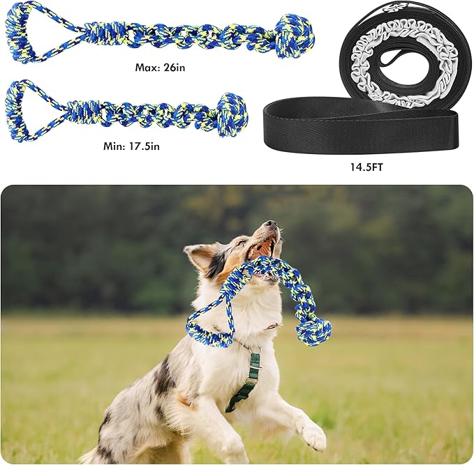 Dog Bungee Tug Toy, 14.5 Ft Adjustable Length Tether Tug Outdoor Toy, Interactive Dog Toys to Keep Them Busy, Includes Bondage Rope and Chew Rope