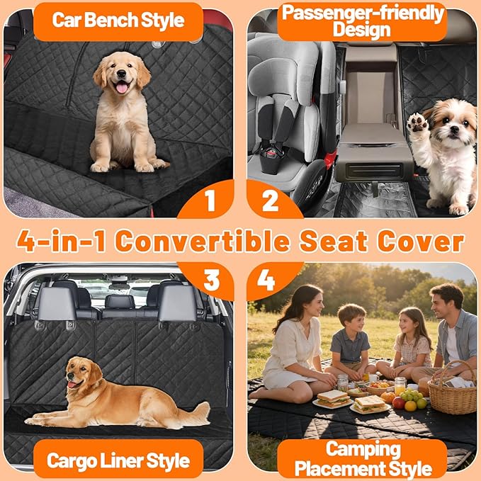 Dog Car Seat Cover for Back Seat, Backseat Cover Protector for Most Cars, SUVs, Small Trucks, Watertight Nonslip Rear 60/40 Split Bench fits Middle Armrest Black