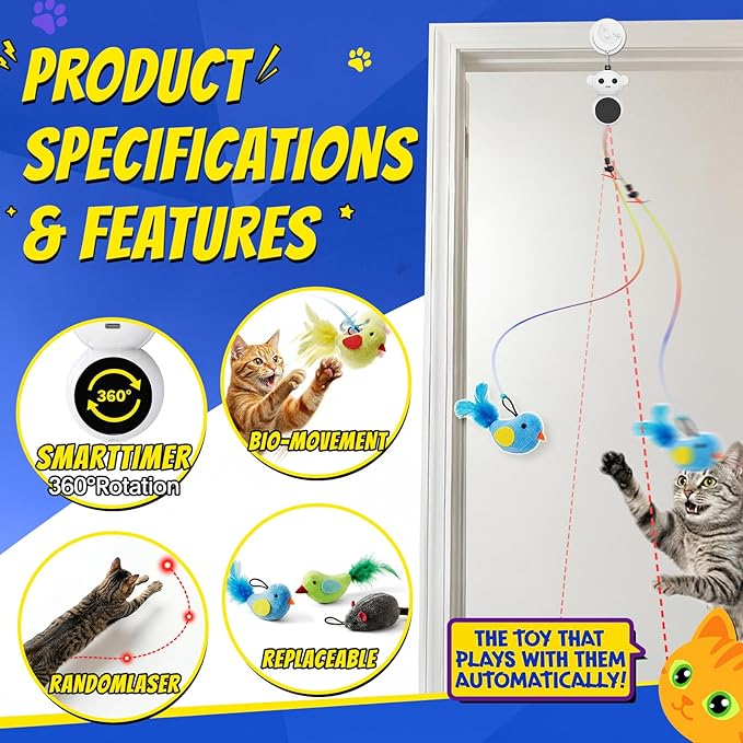 Interactive Cat Toys for Indoor Cats - 2 in 1 Automatic Laser Pointer Cat Toy with Flying Bird，Smart Moving Wand Toy with 2 Modes, Doorway Hanging Toys Safe for Bored Kitten & Adult Cats