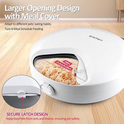 Automatic Cat Feeder Wet Food, Battery Operated Auto Feeder 4 Meals with 2 Ice Packs, Digital Cordless Pet Fresh Food Bowl for Cats Small Dogs with Programmable 12H/24H Format Timer-(Battery Included)