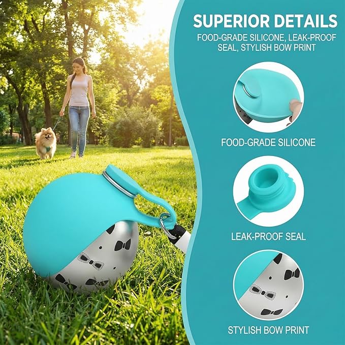 Portable Dog Water Bottle for Walking & Travel - 2-in-1 Stainless Steel Dog Travel Water Bottle with Foldable Silicone Bowl - Leak-Proof, Lightweight Water Bottle for Dogs, Puppies & Pets (A)