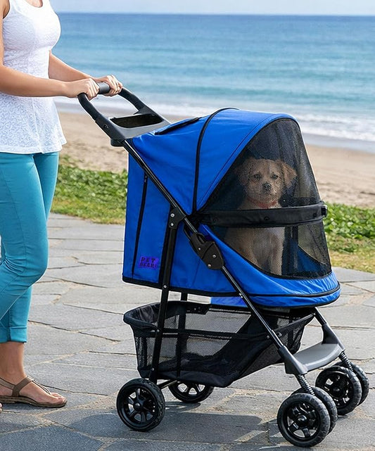 Pet Gear No-Zip Happy Trails Pet Stroller for Cats/Dogs, Zipperless Entry, Easy Fold with Removable Liner, Storage Basket + Cup Holder, Caribbean Blue
