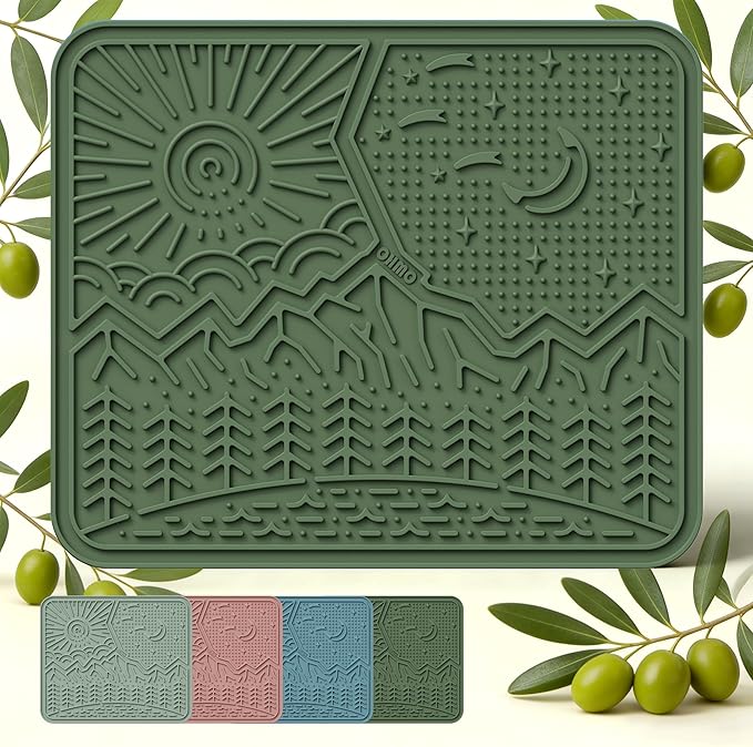 OHMO Lick Mat for Dogs and Cats Nature Design(Extra Large 1pc) Easy to Clean Pet Slow Feeder with Suction Cups, Enrichment for Anxiety Relief and Boredom Reduction(Olive Green)