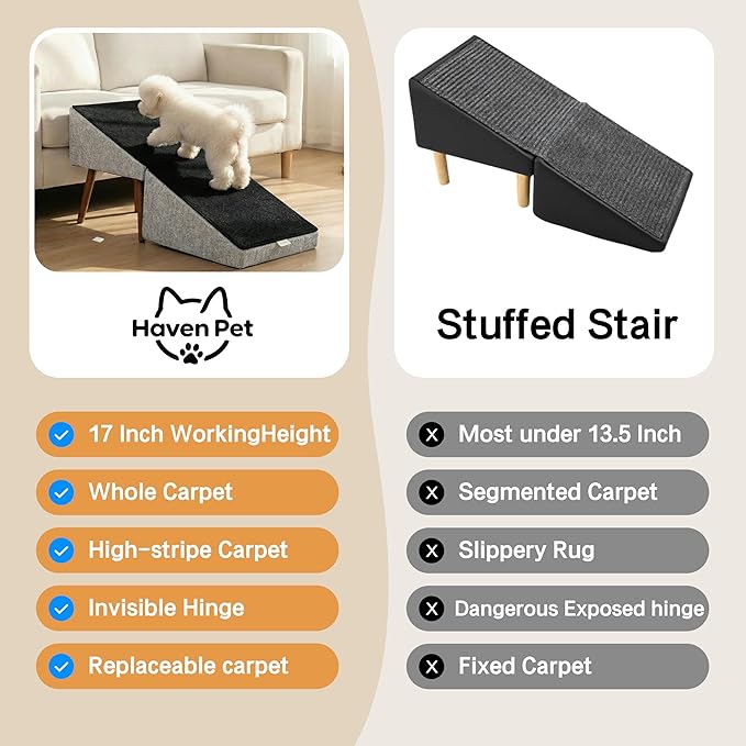 Dog Ramp for Bed and Couch,Wooden Foldable Dog Ramp,17 Inch Working Height, Non-Slip Ramp with Replaceable Carpet for Small Senior Dogs, Furniture Ramp Protect Joints(Gray XL 17" H)