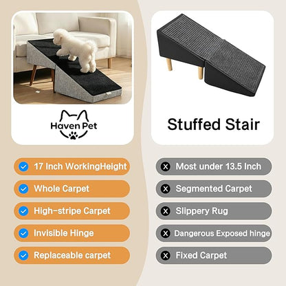 Dog Ramp for Bed and Couch,Wooden Foldable Dog Ramp,17 Inch Working Height, Non-Slip Ramp with Replaceable Carpet for Small Senior Dogs, Furniture Ramp Protect Joints(Gray XL 17" H)