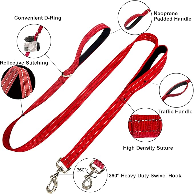 Dual Padded Handle Standard Dog Leashes with Reflective Stitching,360° Rotatable Heavy Duty Metal Buckle,D-Ring,Durable Nylon,for Medium Sized Dogs from 20 to 60 Pounds Walking and Training Red, 5Ft