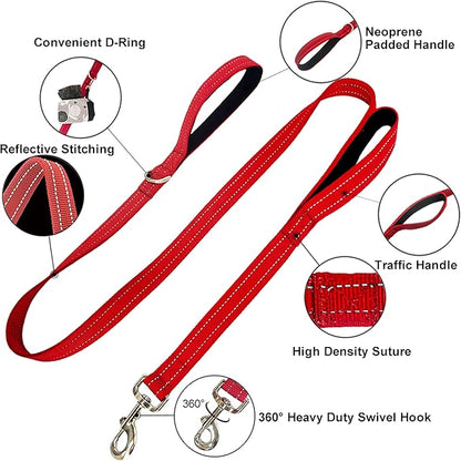 Dual Padded Handle Standard Dog Leashes with Reflective Stitching,360° Rotatable Heavy Duty Metal Buckle,D-Ring,Durable Nylon,for Medium Sized Dogs from 20 to 60 Pounds Walking and Training Red, 5Ft