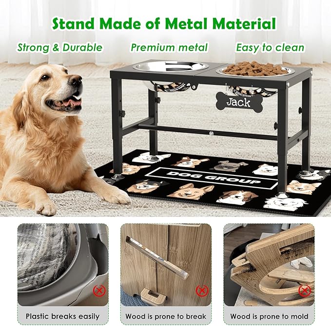 SHAINFUN Elevated Dog Bowls with Mat for Large & XLarge Dogs, Adjustable Height Raised Dog Bowl Stand with Two 68oz Bowls, Dogs Food Water Bowl Holder