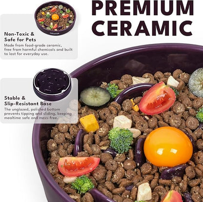 CHEWFFON Ceramic Slow Feeder Dog Bowls, 2 Cups Puzzle Dog Food Bowl for Fast Eaters, Nonslip Stop Bloat Slow Feeder for Small and Medium Breed, Dishwasher Safe, Dark Purple