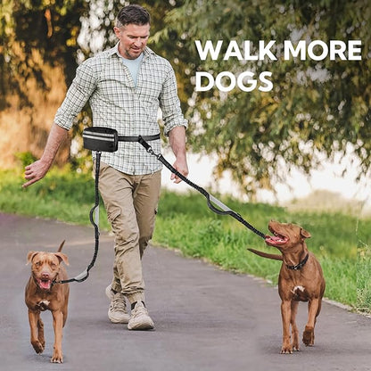 Hands Free Dog Leash with Pouch, Double Leash for Two Dogs, Retractable Bungee with Double Padded Handles, Dog Waist for Dog Walking,Dog Walking Accessories,Black Grey