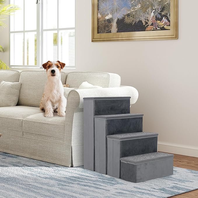 Giantex Dog Stairs with Storage - 23" H Folding 4-Step Pet Stairs for Small and Medium Dogs, Non-Slip & Soft Adjustable Dog Steps for High Beds Couch Sofa Window, Gray