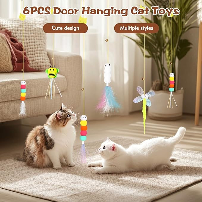 Kerros Interactive Hanging Cat Toy 6 Pcs, Plush Feather Cat Door Toys for Indoor Cats Kittens Self Play Toys for Swatting, Biting, Hunting, Exercise