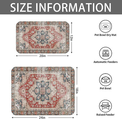 2 Pack Dog Food Mats for Floors, Absorbent and Quick-Drying Pet Cat Food Mat,Anti-Fouling and Easy-to-Clean Pet Feeding Mat,Dog Bowl Mat for Messy Drinking Water Bowls.12 x20+18"x24", Bohemia Style