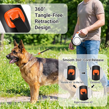 Segarty 26 Ft Walking Lead for Dogs 66 lbs - 110 lbs, 360°Tangle-Free 8m Retractable Long Leash with Detachable Poop Bag Holder for Pets Walk Outside, Anti-Slip Handle and One-Handed Brake Pause Lock