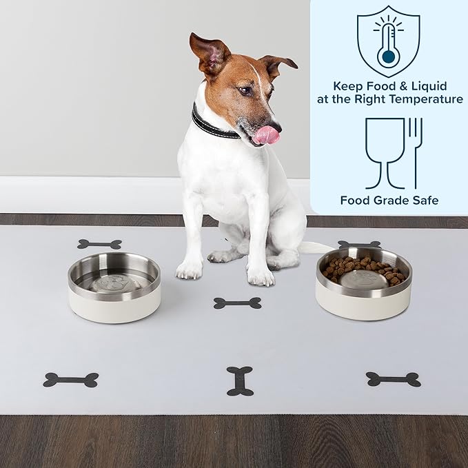 Set of 2 Stainless Steel Slow Feeder Dog Bowls - 30oz or 3.75 Cups Double Wall Insulated Food and Water Bowls for Dogs - Non Slip Metal Pet Dishes for Small-Medium Sized Pets PETMAKER (Cream)