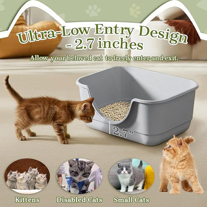 2 Pack Low Entry Small Litter Box for Kittens, Kitty Plastic Litter Boxes, Open Top, Anti-Splash High Sided Litter Tray Pan for Medium Pets, Puppy, Easy to Clean, 15.7" L*11.8" W*6.7" H (Grey)