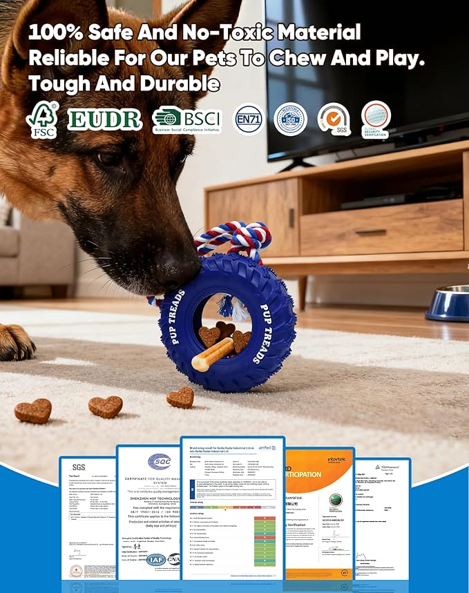 Deeow Dog Tire Toy, Treat Dispensing Chew Toy for Teething Clean and Dental Care, Natural Rubber Enrichment Dog Toys for Boredom Relieve, Interactive Tug-of-War Slow Feeder Pet Toys-Blue