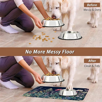 Wildflower Spring Floral Dog Cat Food Mat,Garden Flowers Absorbent Pet Feeding Mat for Food and Water,Non-Slip Dog Bowl Mats Floor Protector 16"x24"