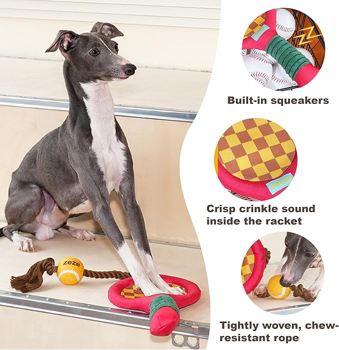 Durable Dog Rope Toy, Tennis Rack & Ball, Teeth Cleaning & Tug-of-War & Crinkle Paper for Aggressive Chewers, Burning Off Energy & Relieving Anxiety