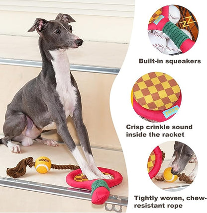 Durable Dog Rope Toy, Tennis Rack & Ball, Teeth Cleaning & Tug-of-War & Crinkle Paper for Aggressive Chewers, Burning Off Energy & Relieving Anxiety