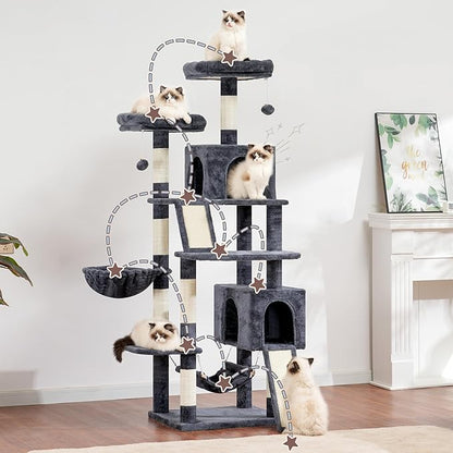 Cat Tree for Indoor Cats, 71'' (180cm) Multi-Level Cat Tower for Large Adult, Sturdy Cat Tree House with 2 Scratching Boards 7 Posts, 2 Plush Perches/Condos, Hammock, Smoky Gray GCT032G