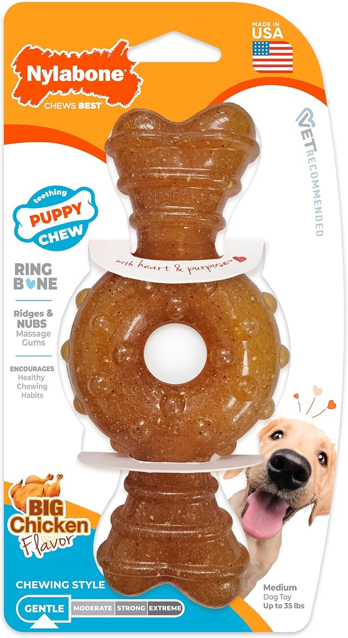 Nylabone Ring Bone Puppy Chew Toy for Puppies, Soothing Teething Toys for Puppies, Puppy Enrichment Toys, Long Lasting Chicken Flavor, For Medium Dogs - Up to 35 lbs, 1 Count