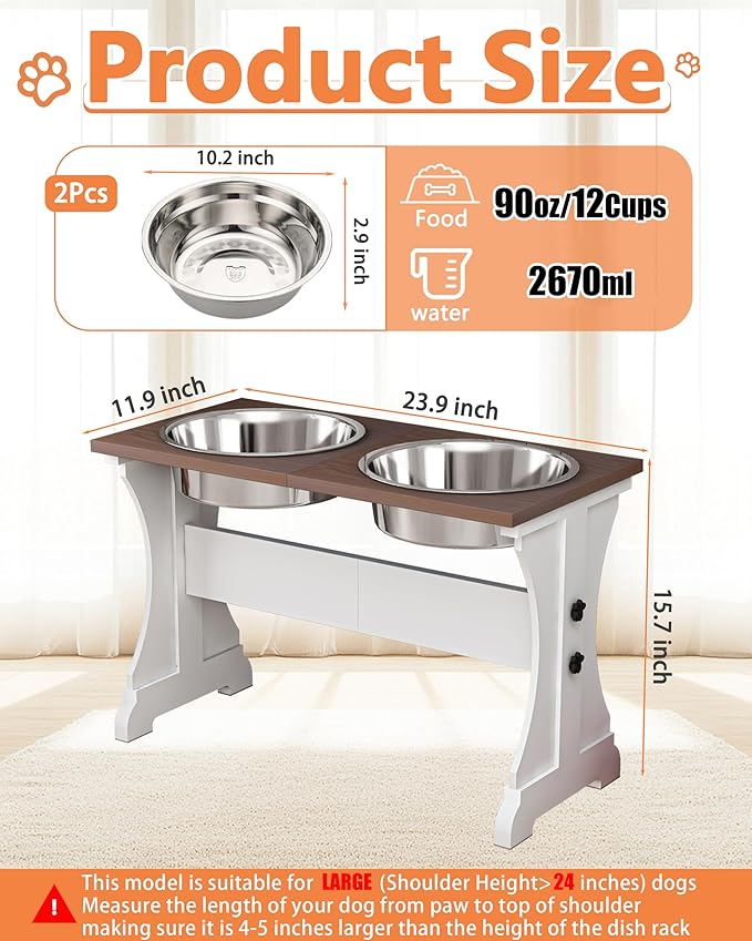 Piskyet Elevated Dog Bowls,Farmhouse Dog Bowls Stand, Raised Dog Bowl with 2 Stainless Steel Wooden Dog Bowl 12 Cups 15.7''H 90 OZ Bowl-Farmhouse Style