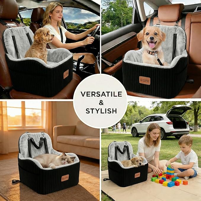 Dog Booster Car Seat for Small & Medium Dogs Up to 35 lbs, 6" Elevated Pet Car Seat with Safety Leash, Soft Plush Cushion, Non-Slip Bottom, Fits Front & Back Seat, Washable Cover
