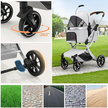 3 in 1 Pet Stroller for Small/Medium Dogs & Cats with Detachable Carrier, Storage Basket and Pet Pad, 4 Wheels Foldable Pet Travel Carrier for Car Seat & Hand Carry, Safe Outings (Khaki)
