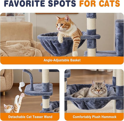DUMOS Tall 71 inch Cat Tree Tower, Large Multi Level Cat Climbing Tower with Condo, Natural Sisal Scratching Posts, Platform, Hammock, Basket, Pet Tree House for Indoor Cats Play, Dark Grey