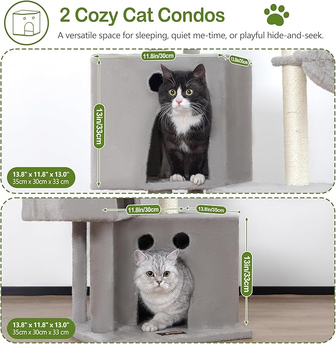 Small Cat Tree Tower for Indoor Cats, 40 In Medium Multi-Level Compact Cat House Bed with 2 Condo, Large Platform Perch, Sisal Scratching Post, Hammock, Cat Climbing Stand for Kitty kitten(Light Grey)