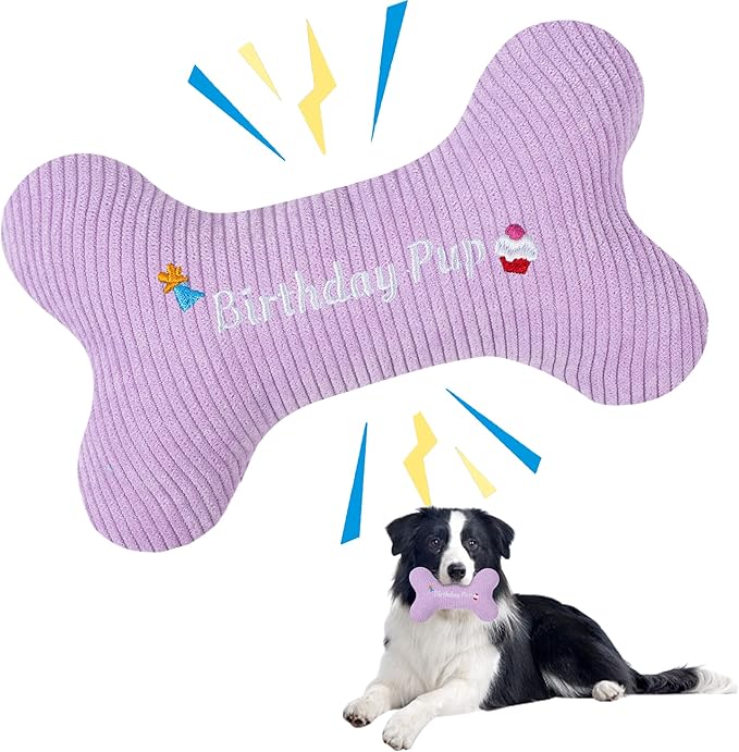 2026 Birthday Squeaky Dog Toys, Embroidered Bone Shape Purple Corduroy Pet Pillow 8"x5", Soft Cotton Filled Cute Fun Dog Chew Puzzle Toy Birthday Gifts for Small Medium Dogs(Birthday Pup)