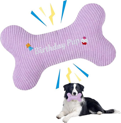 2026 Birthday Squeaky Dog Toys, Embroidered Bone Shape Purple Corduroy Pet Pillow 8"x5", Soft Cotton Filled Cute Fun Dog Chew Puzzle Toy Birthday Gifts for Small Medium Dogs(Birthday Pup)