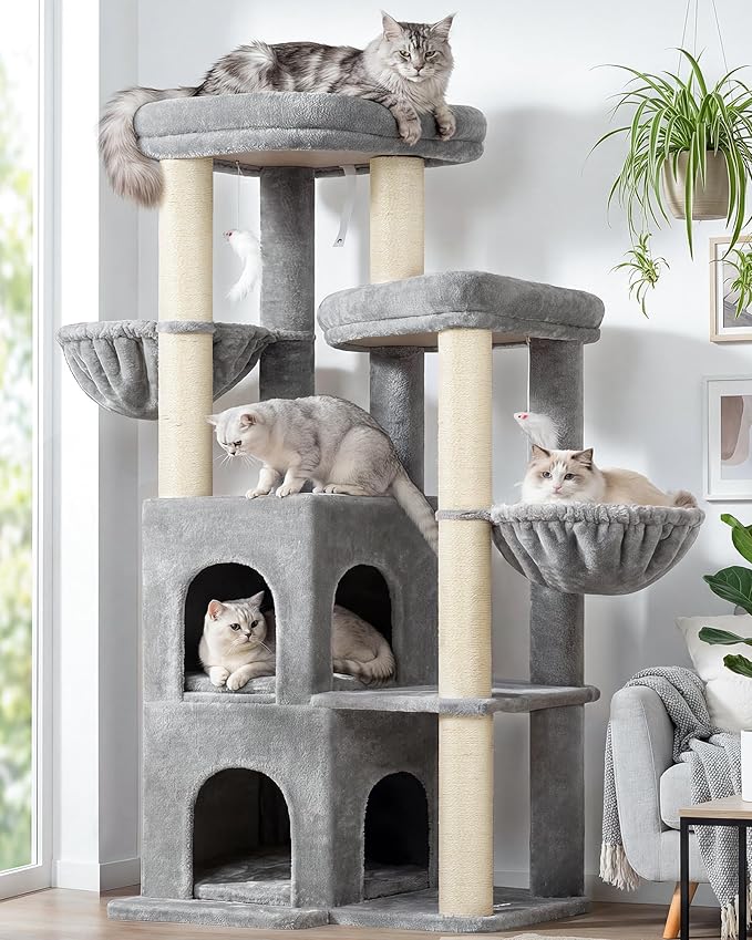 Globlazer Cat Tree Tower for Indoor Cats, Sturdy Adult Cat Tree House for Large Adult Cats with 2 Platform, 6 Cat Scratching Post, 2 Cat Caves, Dangling Toys, S63, 63 inch, Light Grey
