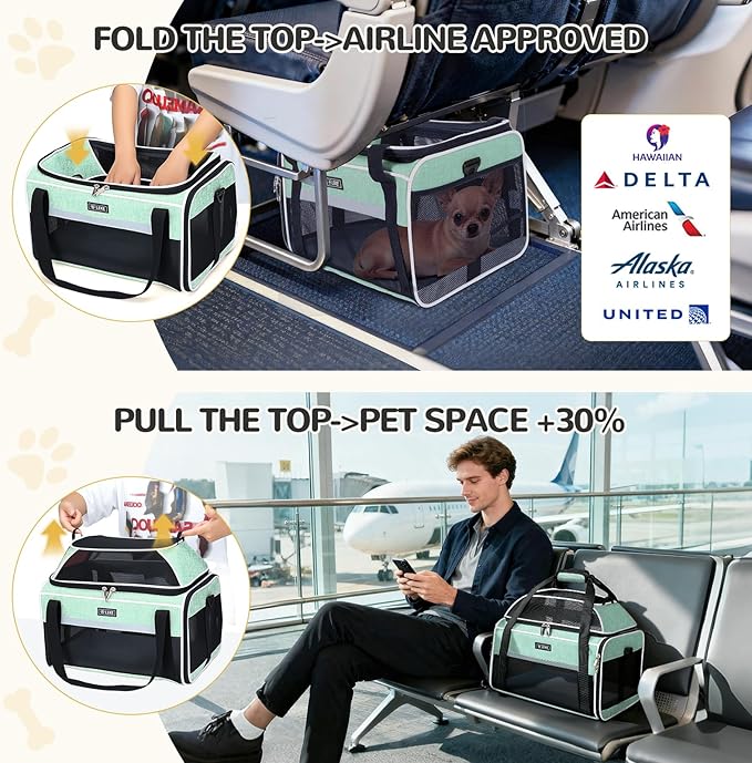 Lekereise Top-Expandable Pet Carrier 17x11x9.5 Inch Alaska Hawaiian Airline Approved Soft Sided Underseat to 12lbs Travel Carriers for Small Dogs and Cats with Locking Safety Zippers Anti-Scratch Mesh