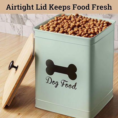 Dog Food Container Airtight 5-7 lb (25 Cup) Capacity - Cute Airtight Dog Food Storage Container with Bamboo Lid & Sturdy Metal Handle - Green Metal Kibble Storage Bin for Dogs up to 50 lbs - Pet Jar