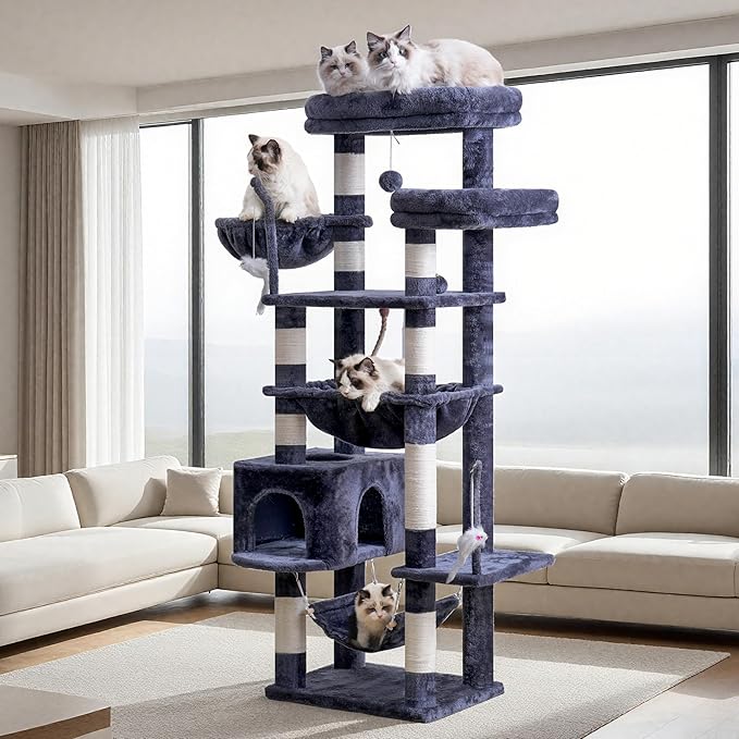 Cat Tree, Cat Tower for Large Cats with 2 Big Platforms, 2 Baskets, condo and Toys, 63" Cat Scratching Posts for Indoor Cats, Smoky Gray GCT020G