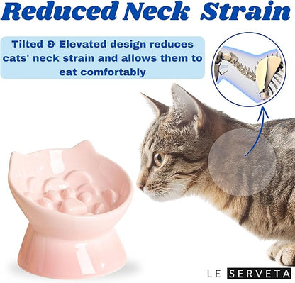 Macarons Series Ceramic Slow Feeder Cat Bowl, Raised Puzzle Feeder, Anti Vomiting Cat Slow Feeding, Elevated Food Bowl, Whisker Friendly Pet Bowl with Cute Ear Design (Gradient Pink)