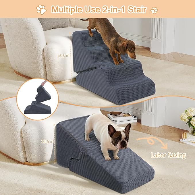 Dog Ramp for Bed, 20" H Dog Stairs for High Bed, 2 in 1 Pet Steps for Small Dogs, 4-Step Foldable Transformable Large Cats Ramp to Get on Couch, Non-Slip Balanced, Grey