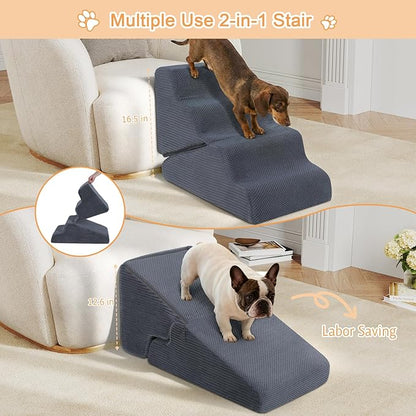 Dog Ramp for Bed, 20" H Dog Stairs for High Bed, 2 in 1 Pet Steps for Small Dogs, 4-Step Foldable Transformable Large Cats Ramp to Get on Couch, Non-Slip Balanced, Grey