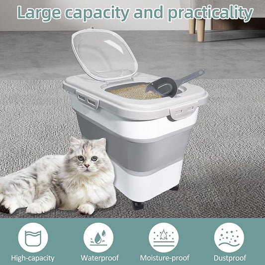 Collapsible Cat Litter Storage Container with Rolling Casters,20 Lbs Cat Litter Storage with Wheels,Airtight Lids,Cat Litter Shovel,Portable Cat Litter Storage Bin Container,BPA Free (Gray)