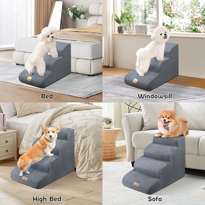 Mestuel Dog Stairs for Small Dogs, Pet Stairs for Couch Bed Sofa, Dog Steps Ramp Indoor with High Density Foam &Nonslip Bottom, Pet Stairs Hold up to 60 lbs, Gray