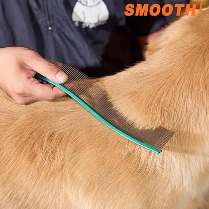 Pet Comb Stainless Steel Comb for Dogs Cats Pet Hair Comb for Grooming Curved with Rounded and Smooth Ends Stainless Steel Teeth Tools for Remove Tangles and Knots (GREEN)